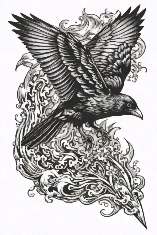 Blackbird rising from fire tattoo design idea
