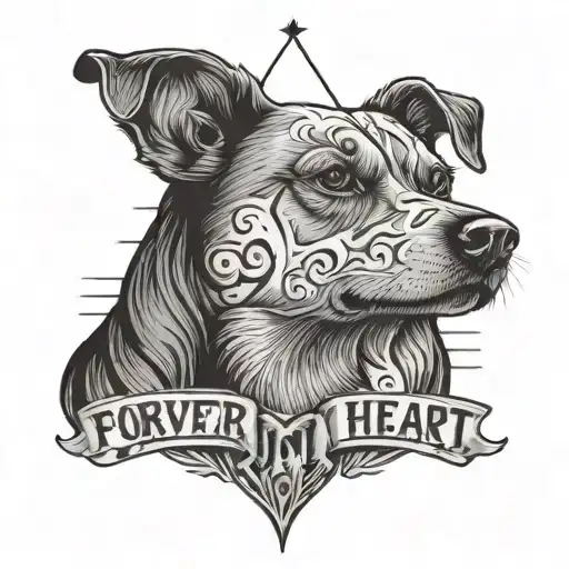 two dog faces and above ther head it is a text with forever in my heart tattoo design idea
