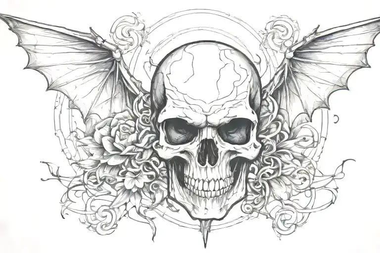 skull head with bat wings connected to it and line art  tattoo design idea