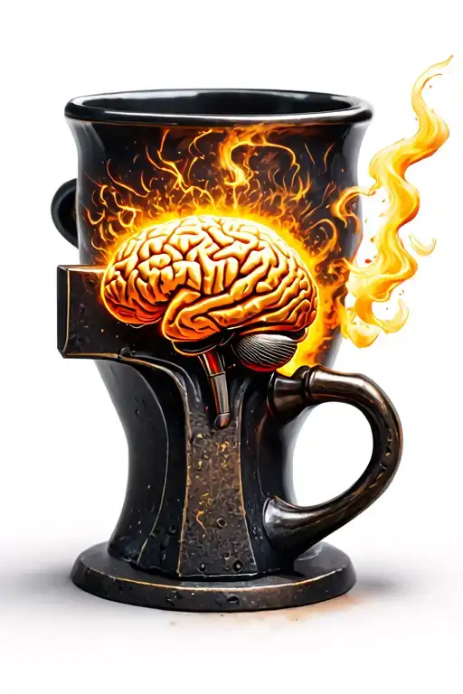 “Forge of the Mind”A coffee mug shaped like a hammer or anvil, with steam forming a brain made of iron.Sparks flying tattoo design idea