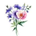 Carnation Larkspur aster and violet flowers intertwined tattoo design idea
