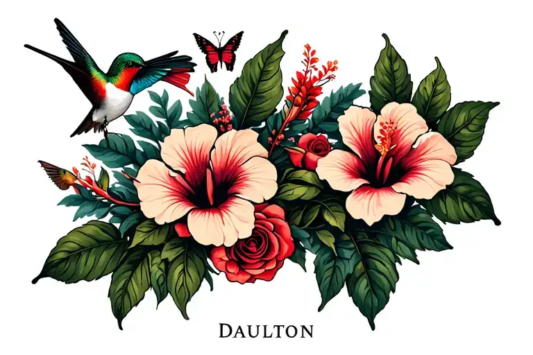 flowers with hibiscus and roses and hummingbirds and butterflies and the name Daulton  tattoo design idea