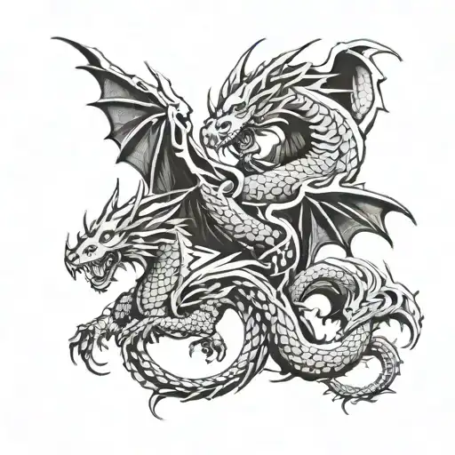 3 dragons with strinng simple black  tattoo design idea