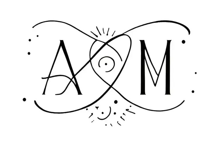 Initials A and M intertwined, Manuscritcon typeface a symbol of infinity and a sun and a moon, small, mother and son tattoo design idea