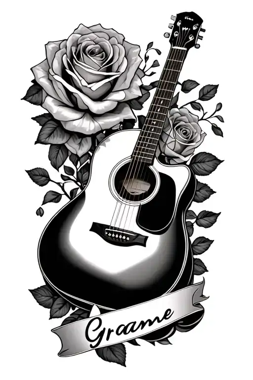 acoustic guitar and roses with Graeme on banner wrapped tattoo design idea
