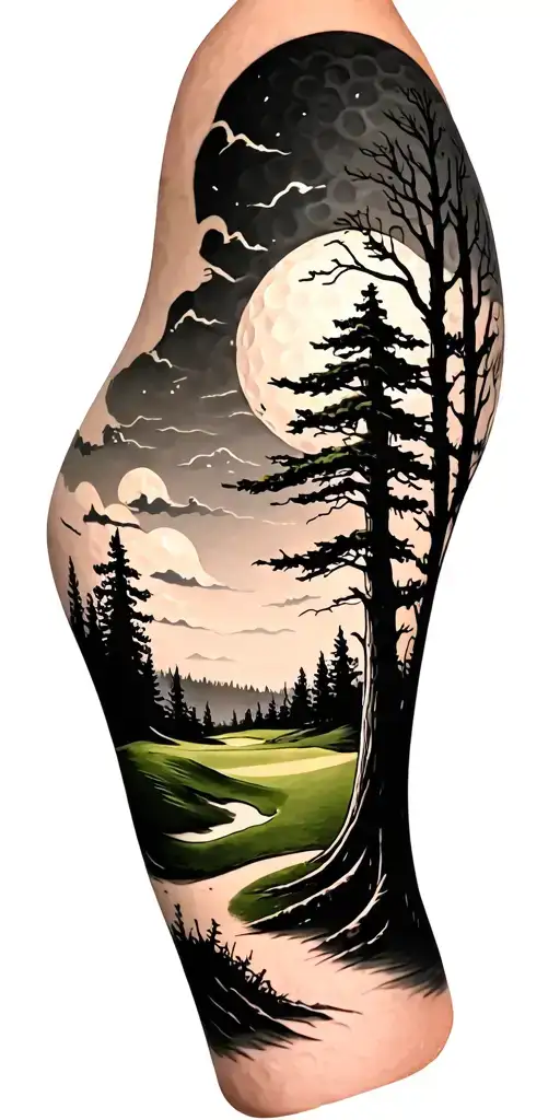 creepy forest scene with black sky golf course golf ball tattoo design idea