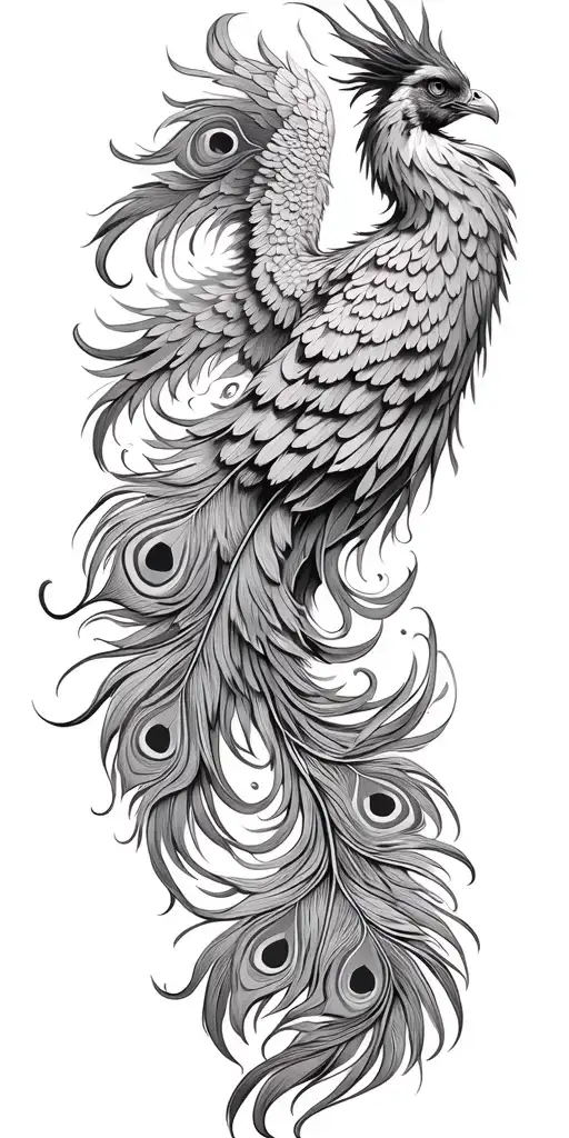 Phoenix, phoenix wings spread peacock feather tail tattoo design idea