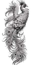Phoenix, phoenix wings spread peacock feather tail tattoo design idea