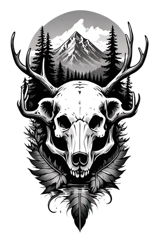 bear scull, deer scull, turkey feather, mountains, trees, river flowing tattoo design idea