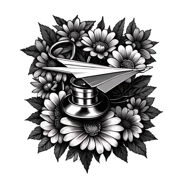 stethoscope paper airplane flowers tattoo design idea