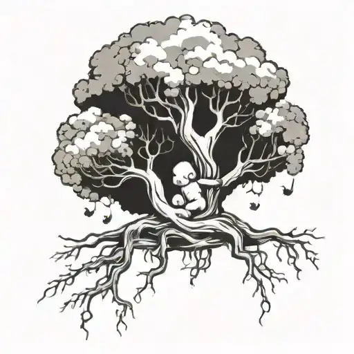tree with human baby features leaves for hair feet of roots   tattoo design idea