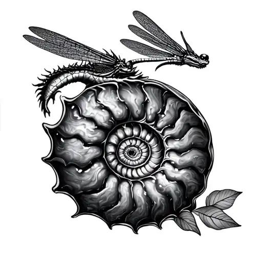 dragon,dragonfly and ammonite tattoo design idea