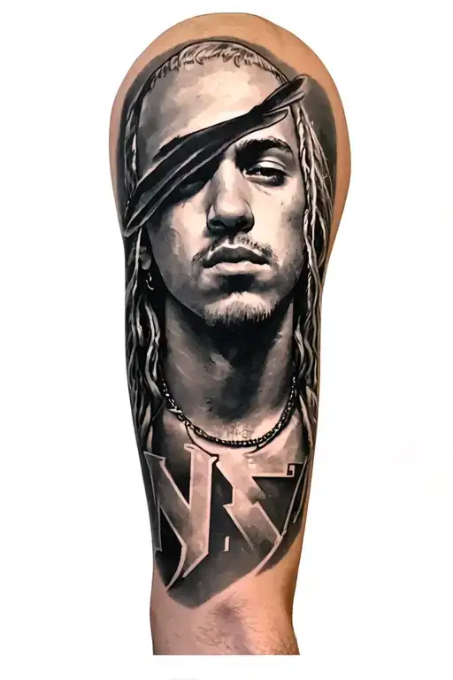 Half sleeve tattoo around the leg between the ankle and the knee featuring Eminem, NF, Arctic Monkeys,&nbsp;and&nbsp;21&nbsp;Pilots tattoo design idea