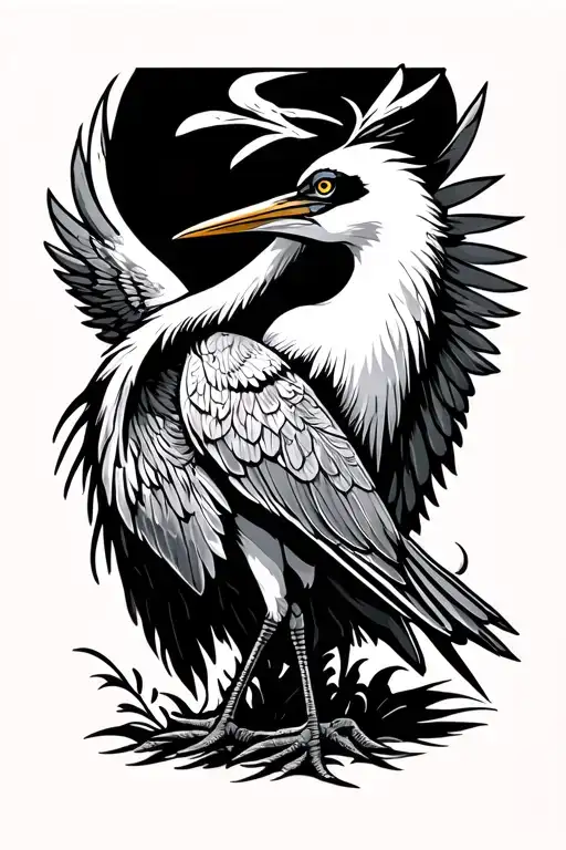 Crane with one wing front side view, one arm is a wing, detailed feathers and color variation between feathers. tattoo design idea