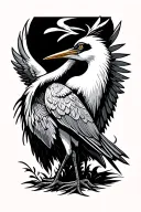 Crane with one wing front side view, one arm is a wing, detailed feathers and color variation between feathers. tattoo design idea