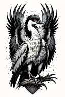 Crane with one wing front side view, one arm is a wing, detailed feathers and color variation between feathers. tattoo design idea