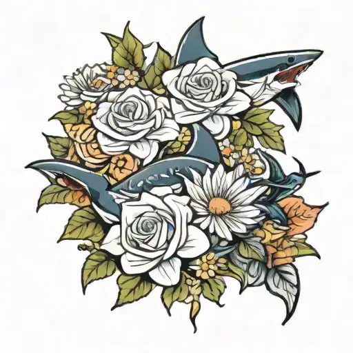 roses daisies sharks tattoo design idea