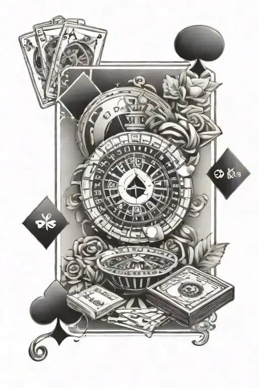 playing cards, money and roulette table and casino  tattoo design idea