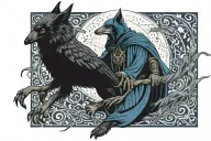Warlock with a wolf and a crow flying. they all have eyes glowing with blue fire and similar tatoos tattoo design idea