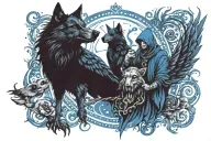 Warlock with a wolf and a crow flying. they all have eyes glowing with blue fire and similar tatoos tattoo design idea