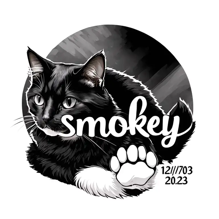 black cat will a white chest and paws with the words smokey 12/09/2023, a chicken  tattoo design idea