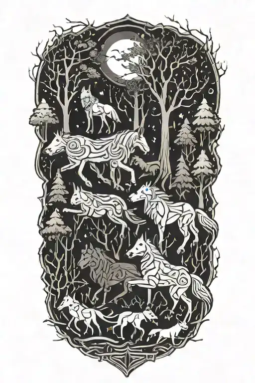 wolves and horses running through a forest with tree of life and thunderstorm and blizzard in the background tattoo design idea