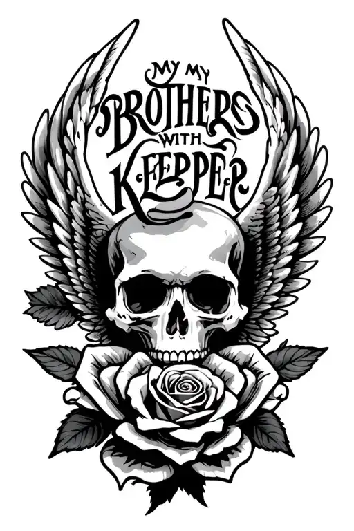 skull rose and wings holding with my brothers keeper text tattoo design idea
