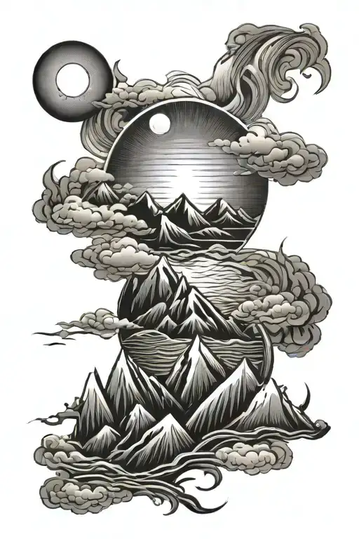 sun mountains ocean tattoo design idea