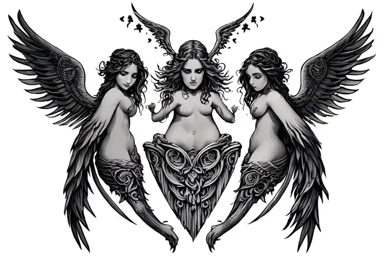 lower back. On the theme of the sirens of the Odyssey. It must have a large V shape but not high tattoo design idea