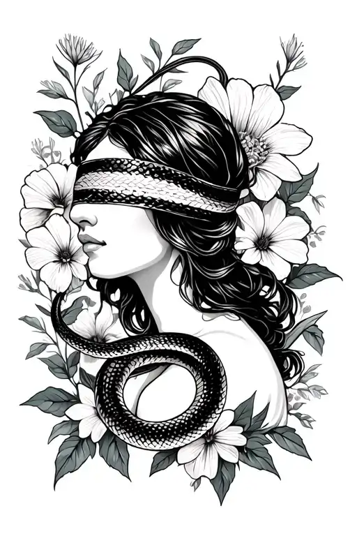 virgo maiden blindfolded with a snake coiled around her. Morning glory flowers and Aster flowers in the background. tattoo design idea