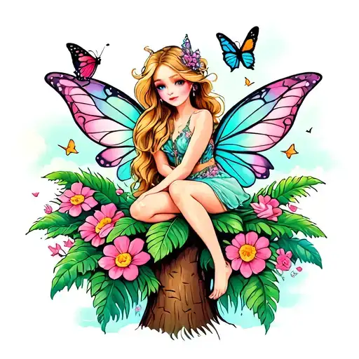 A new-school tattoo of a whimsical fairy sitting on a palm tree, surrounded by blooming flowers and fluttering butterflies, capturing the client's love for all things girly and natural tattoo design idea