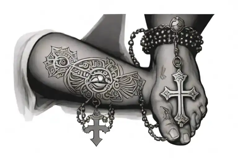 Egyptian cross and eye rosary wrapped around ankle  tattoo design idea