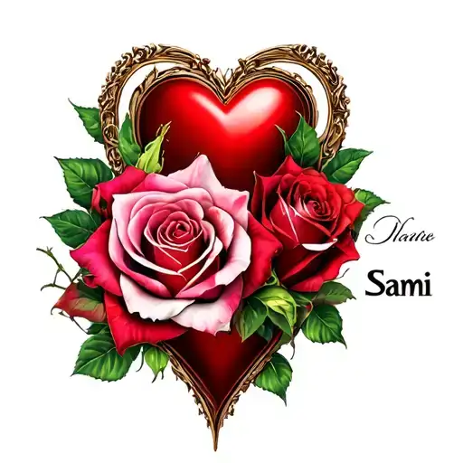 hearts and roses with sami name tattoo design idea