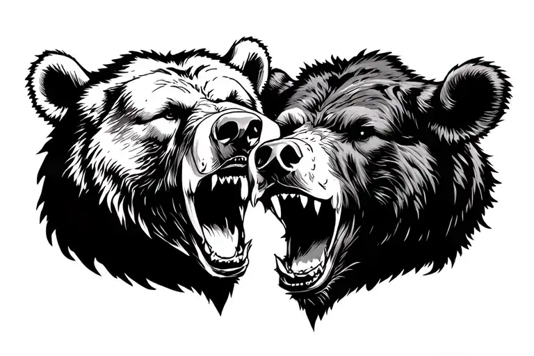 Roaring bear head facing a ramming bull head sillouette tattoo design idea