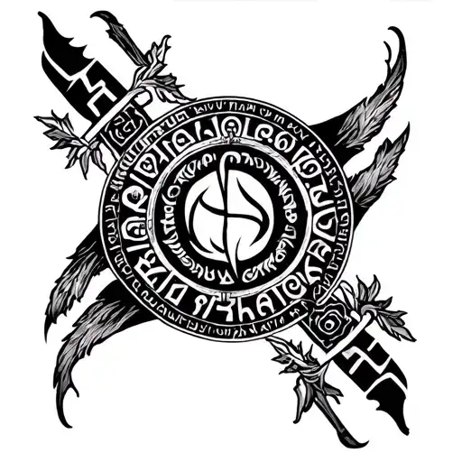 Realistic black ink armband tattoo for forearm, featuring Slavic pagan symbols and runes arranged in circular, spiritual tattoo design idea