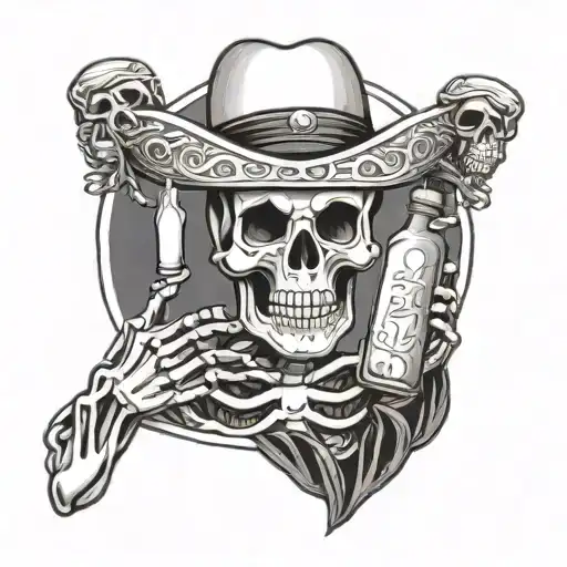 skeleton holding bottle of alcohol in front of Santa muerta mexican style tattoo design idea