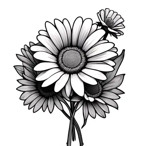 simple, black and white grandkids bouquet with two daisies and a carnation tattoo design idea