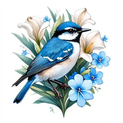 blue wren with calla lilies and forget-me-nots tattoo design idea