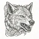 A grown wolf snarling, reflected by the wolf as a pup tattoo design idea