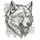 A grown wolf snarling, reflected by the wolf as a pup tattoo design idea