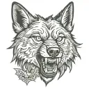 A grown wolf snarling, reflected by the wolf as a pup tattoo design idea