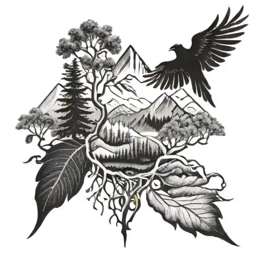 roots, wings and mountains and forest tattoo design idea