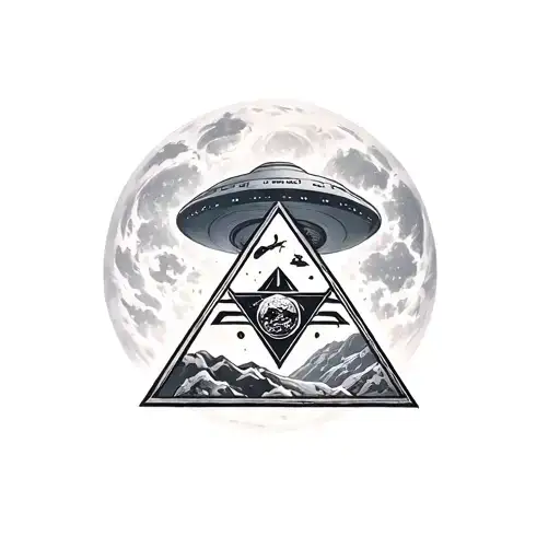 UFO abduction scene with a hidden Illuminati symbol tattoo design idea