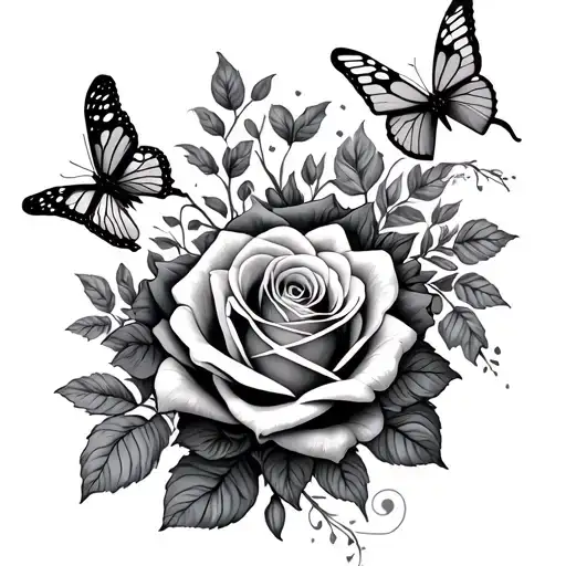 Roses bush with butterflies as details Small dead heads and hearts as a tattoo template fineline everything very detailed tattoo design idea