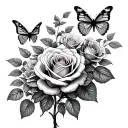 Roses bush with butterflies as details Small dead heads and hearts as a tattoo template fineline everything very detailed tattoo design idea