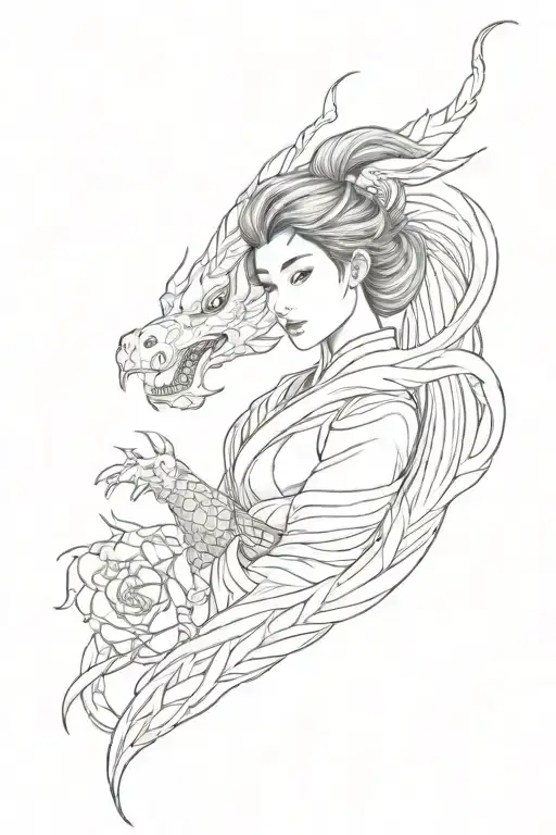 Full sleeve tattoo in black, with fine lines and no background, inspired by the movie Mulan, including a dragon tattoo design idea