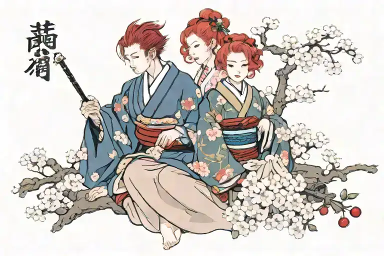 japanese samuri and girl with red hair and cherry blossoms tattoo design idea