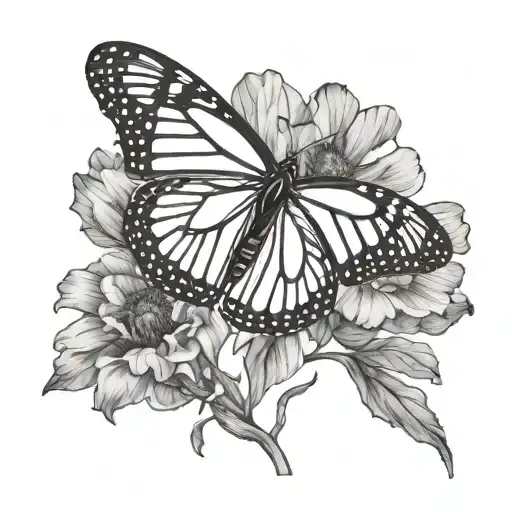 black and white fine line tattoo of a monarch butterfly, ensuring that poppy flowers are only inside the top half tattoo design idea