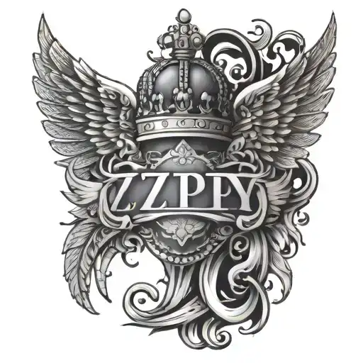 the name zippy with a crown and angle wings and 5.11.24 in roman numerals tattoo design idea