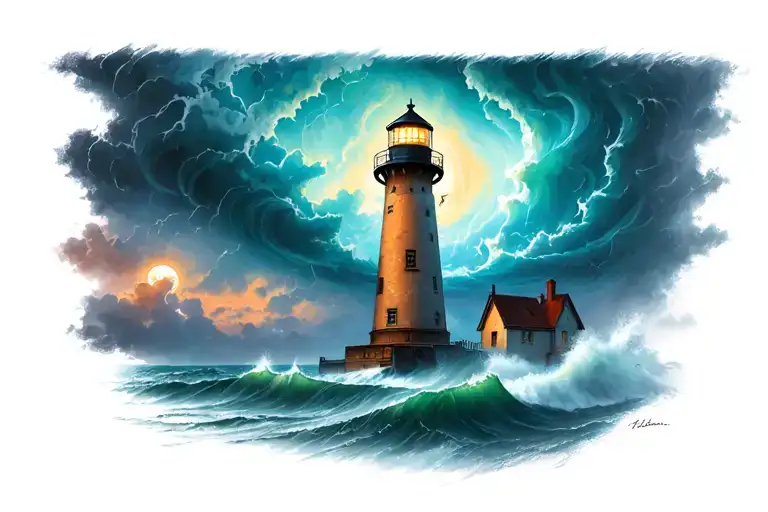 Lighthouse stormy condition tattoo design idea